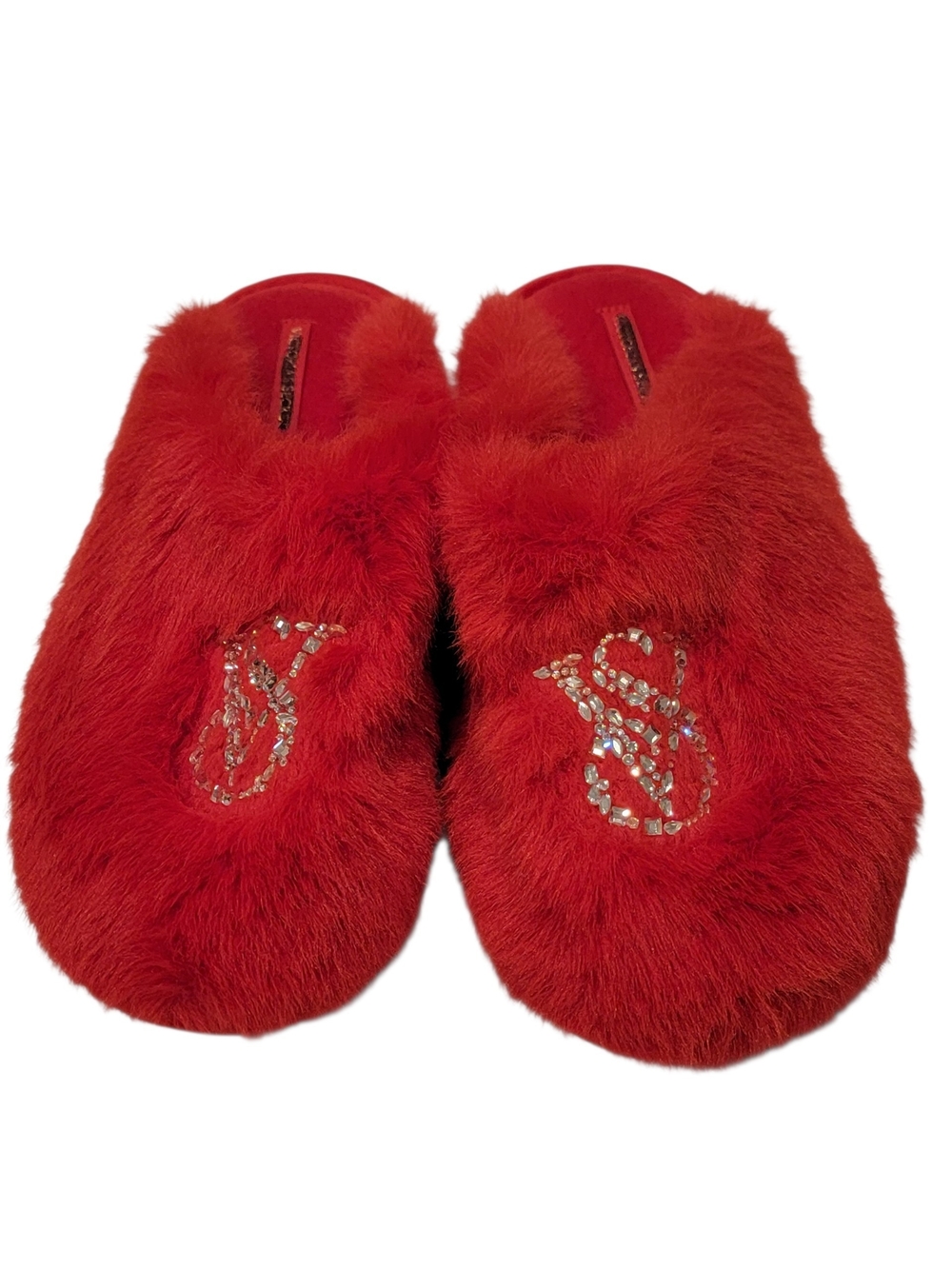 NWOT VS Closed Toe Faux Fur Red Crystal-Embellished Women's Slippers Medium